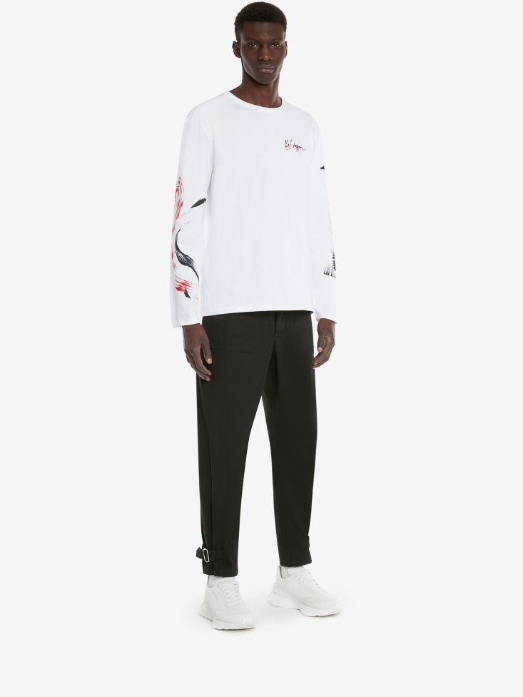 White Fashion Alexander McQueen Men's Paint Skull Long Sleeve T-Shirt