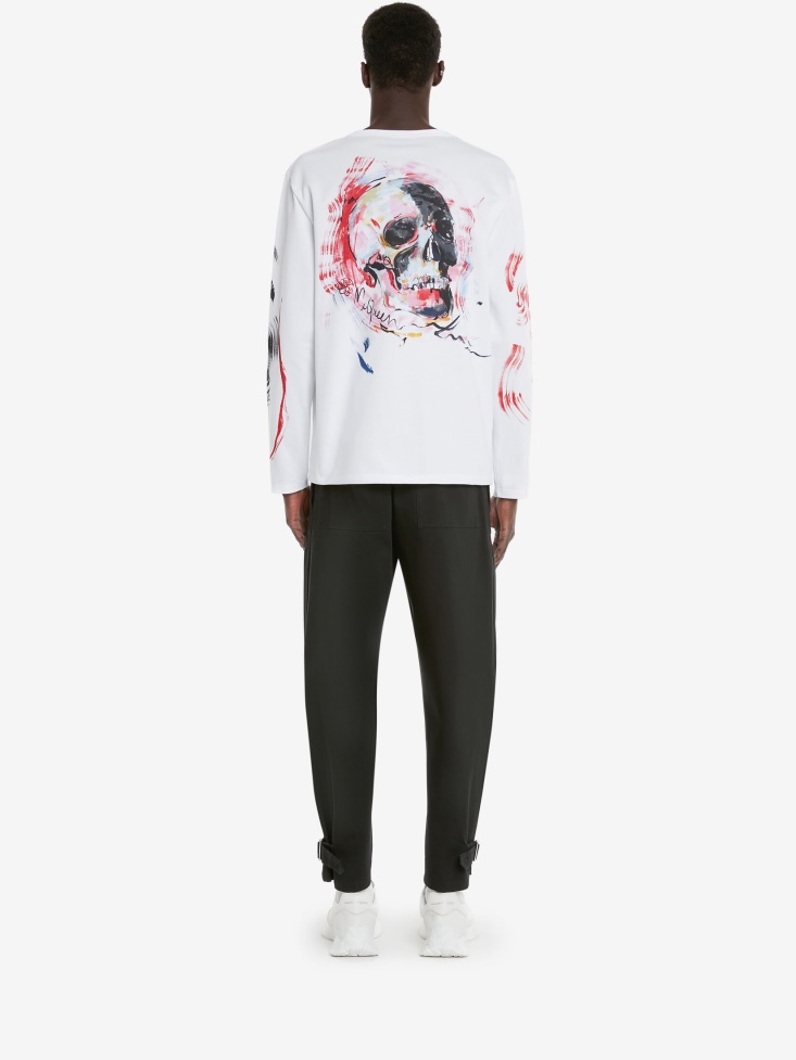 White Fashion Alexander McQueen Men's Paint Skull Long Sleeve T-Shirt