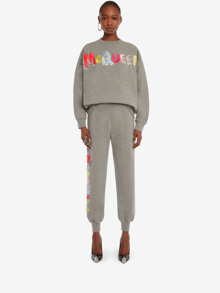 Grey/Multicolour Women's Embroidered in Graffiti Joggers Fashion Alexander McQueen