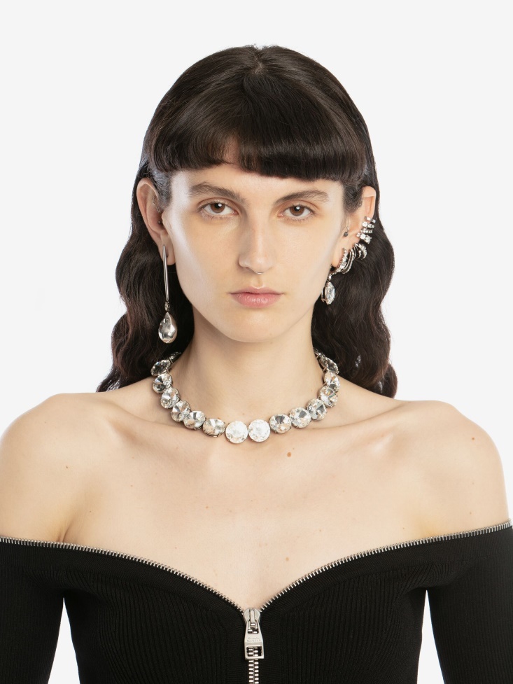 Fashion Alexander McQueen Antique Silver Women's Crystal Riviera Choker
