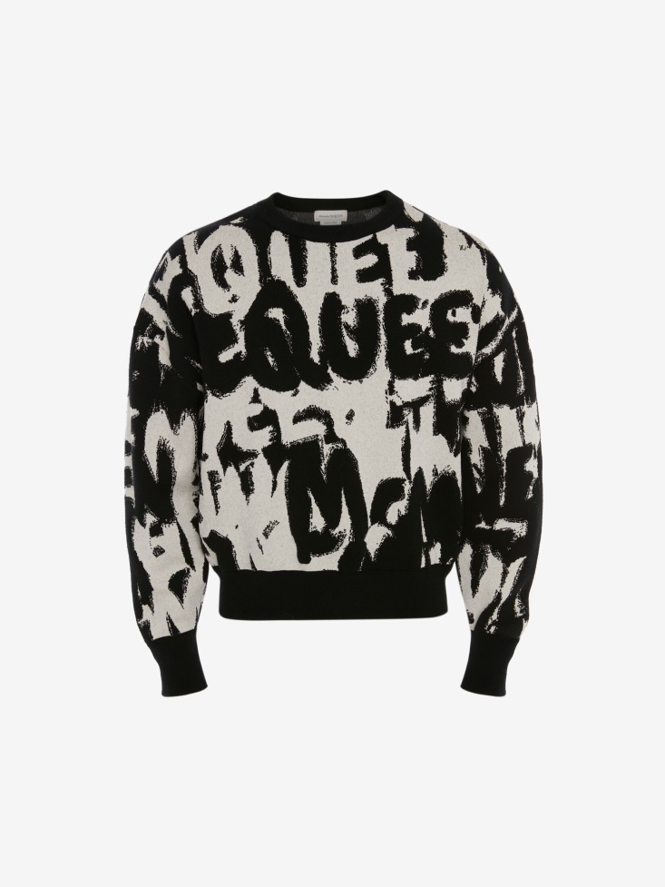 Black/Ivory Men's in Graffiti Crew Neck Sweatshirt Fashion Alexander McQueen