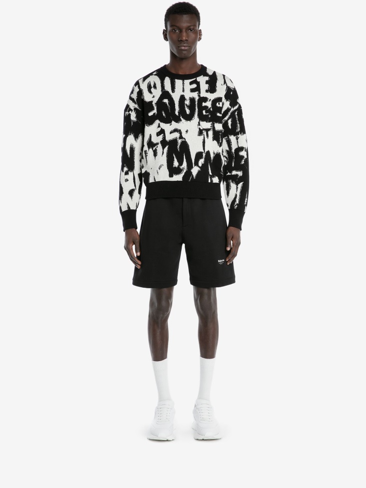 Black/Ivory Men's in Graffiti Crew Neck Sweatshirt Fashion Alexander McQueen