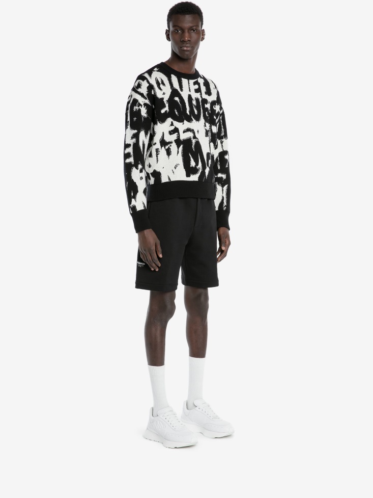 Black/Ivory Men's in Graffiti Crew Neck Sweatshirt Fashion Alexander McQueen