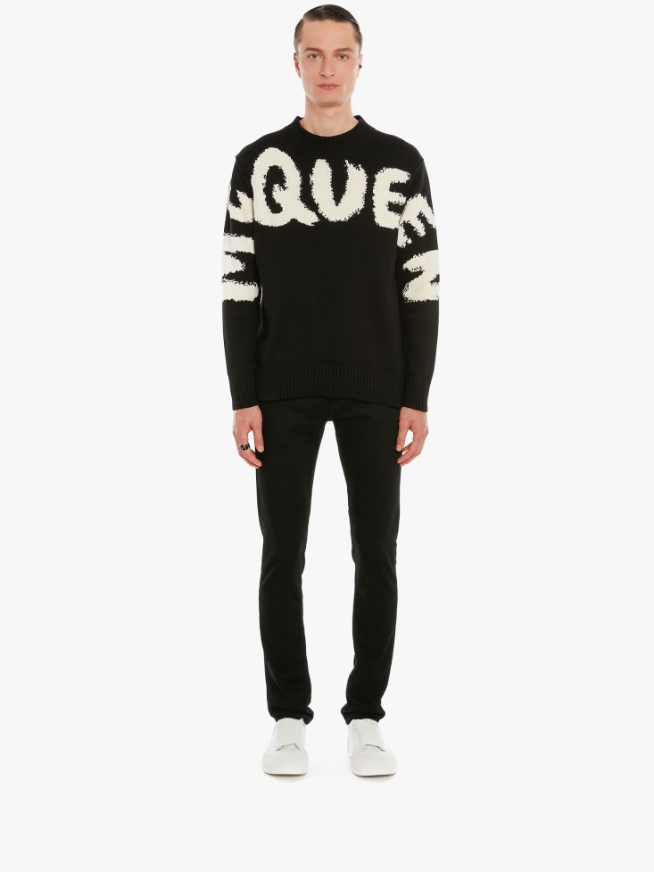 Black Men's in Graffiti Denim Jeans Fashion Alexander McQueen