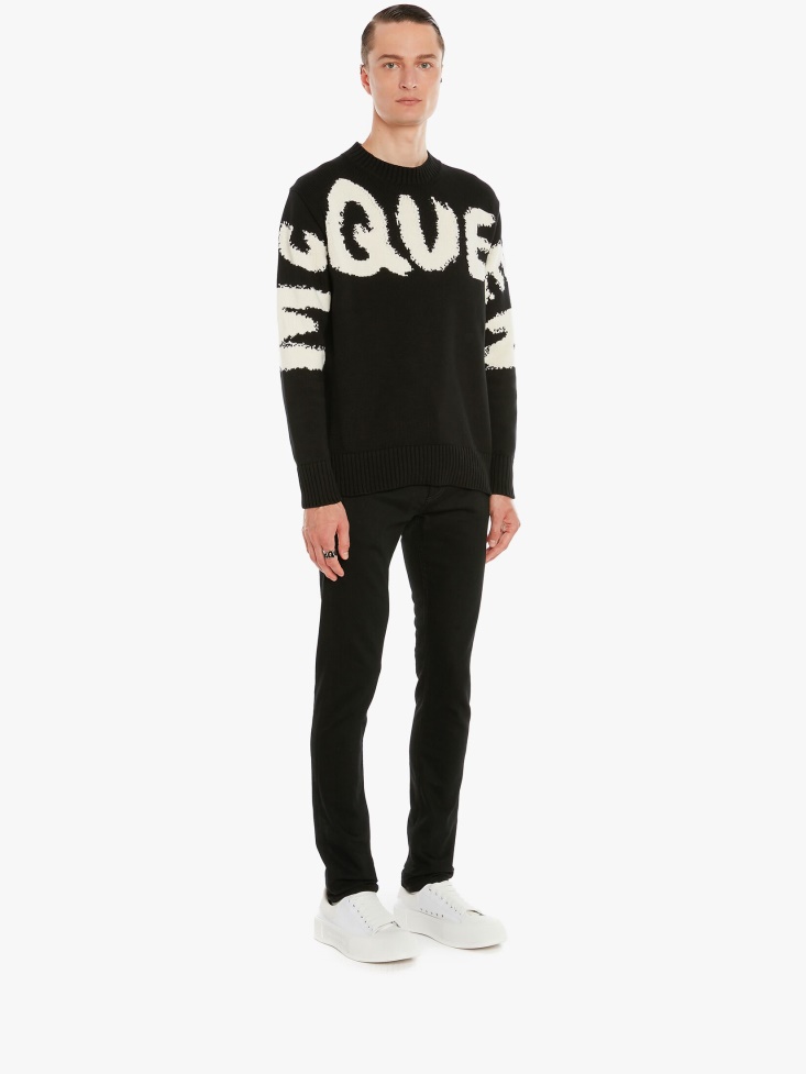 Black Men's in Graffiti Denim Jeans Fashion Alexander McQueen