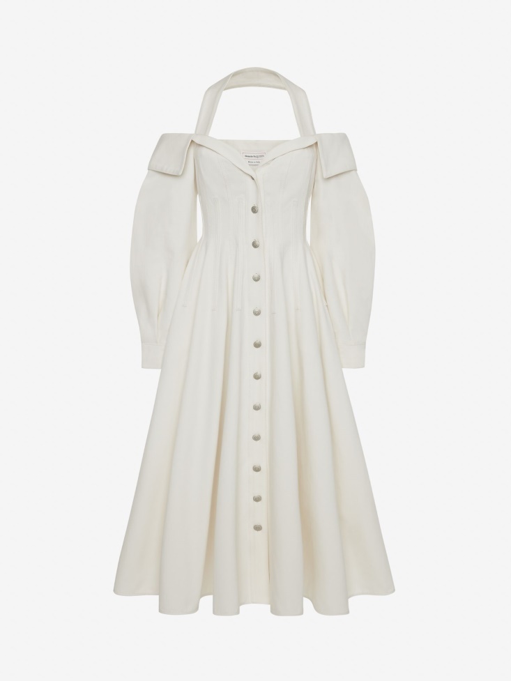 Women's Off-The-Shoulder Denim Shirt Dress Fashion Alexander McQueen Ivory