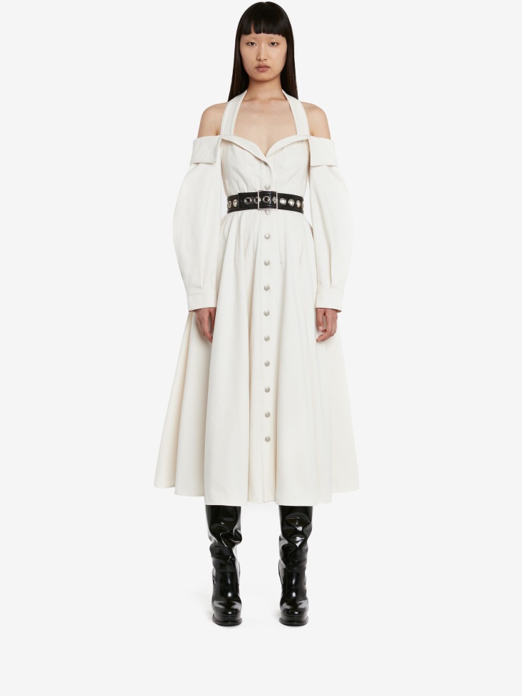 Women's Off-The-Shoulder Denim Shirt Dress Fashion Alexander McQueen Ivory