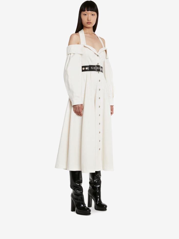 Women's Off-The-Shoulder Denim Shirt Dress Fashion Alexander McQueen Ivory