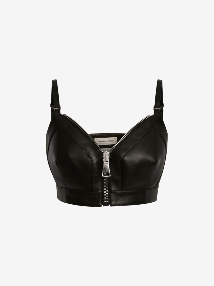 Black Women's Leather Zip Bra Top Fashion Alexander McQueen