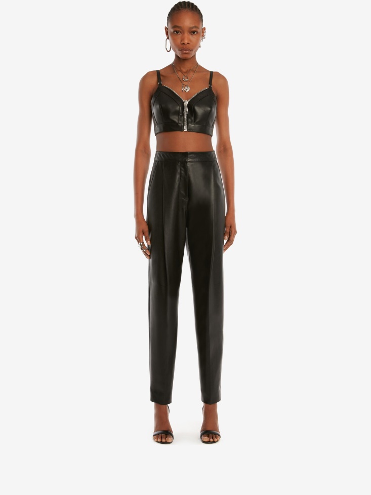 Black Women's Leather Zip Bra Top Fashion Alexander McQueen