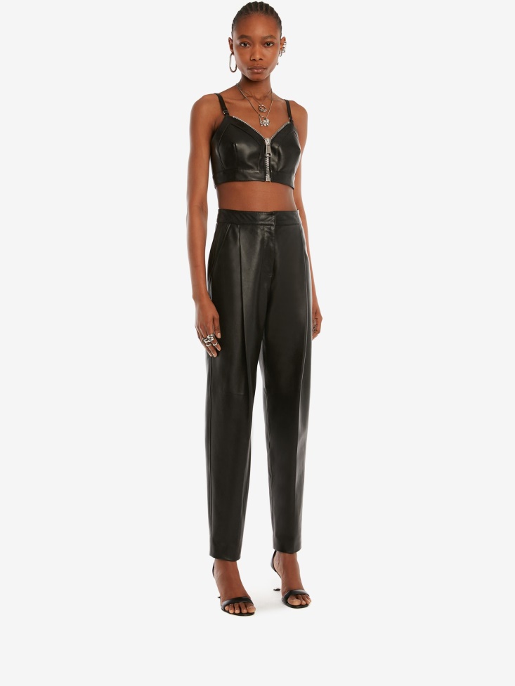 Black Women's Leather Zip Bra Top Fashion Alexander McQueen