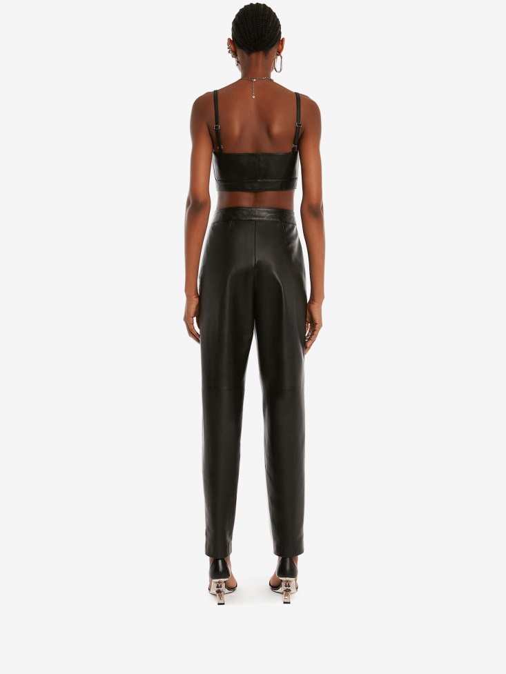 Black Women's Leather Zip Bra Top Fashion Alexander McQueen