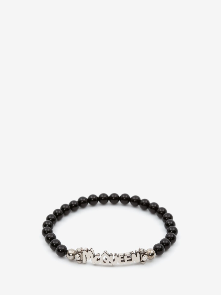Black/Silver Fashion Alexander McQueen Men's in Graffiti Cut-Out Beaded Bracelet