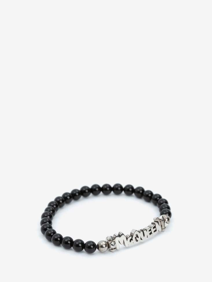 Black/Silver Fashion Alexander McQueen Men's in Graffiti Cut-Out Beaded Bracelet