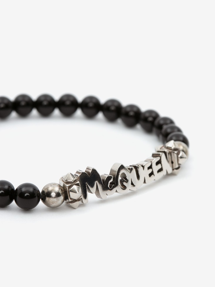 Black/Silver Fashion Alexander McQueen Men's in Graffiti Cut-Out Beaded Bracelet