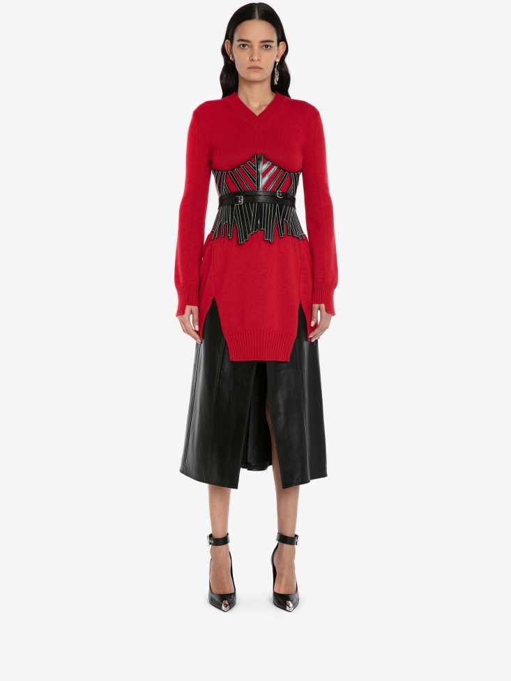 Women's Cashmere Corset Stitch Tunic Jumper Fashion Alexander McQueen Welsh Red
