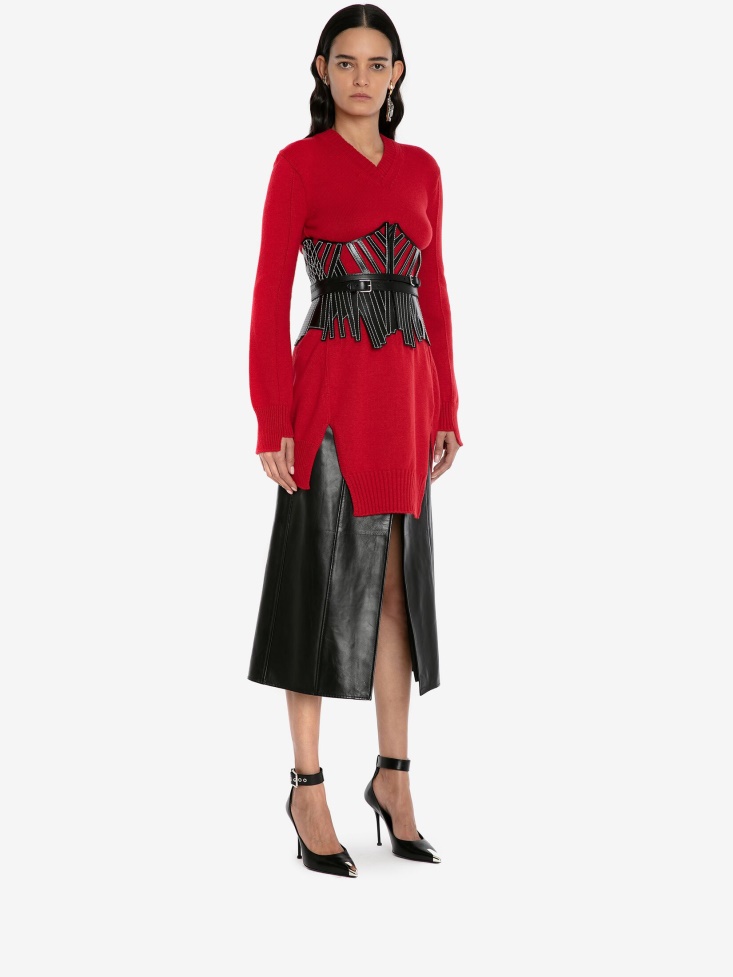 Women's Cashmere Corset Stitch Tunic Jumper Fashion Alexander McQueen Welsh Red