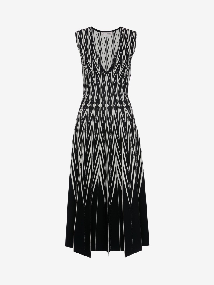 Fashion Alexander McQueen Women's Engineered Jacquard Chevron Midi Dress Black/Bone