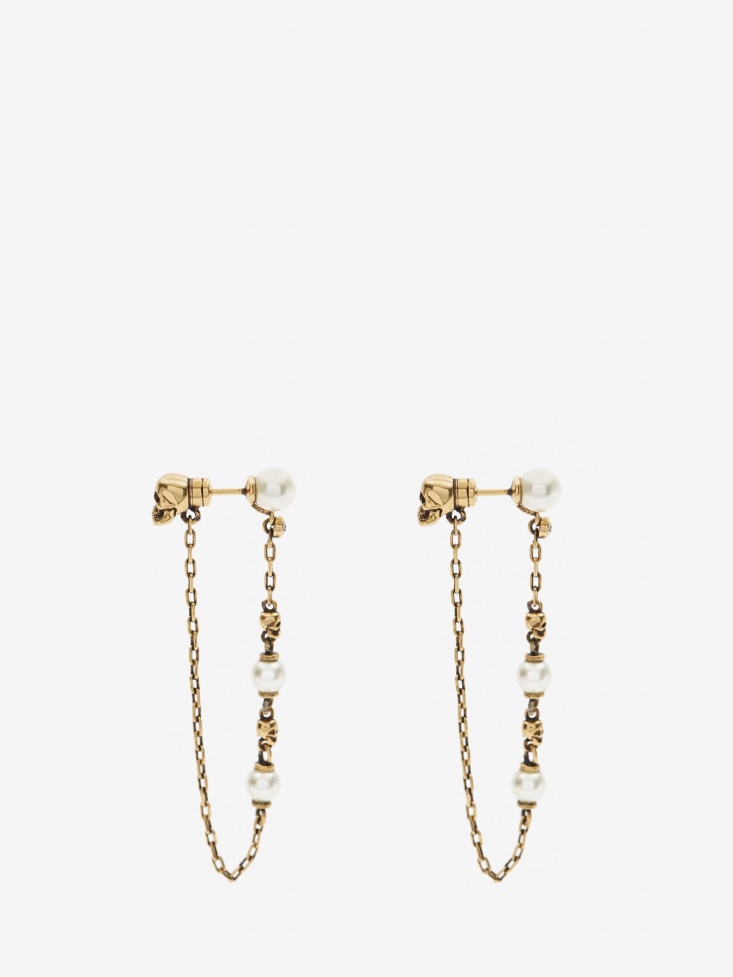 Antique Gold Women's Pearl Skull Drop Chain Earrings Fashion Alexander McQueen
