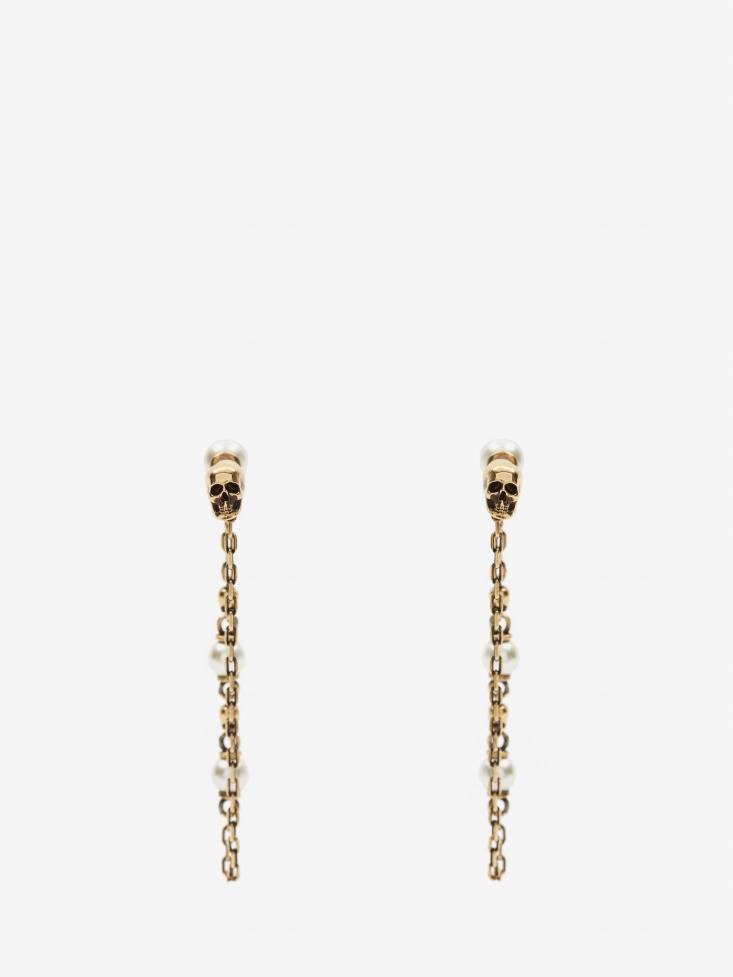 Antique Gold Women's Pearl Skull Drop Chain Earrings Fashion Alexander McQueen