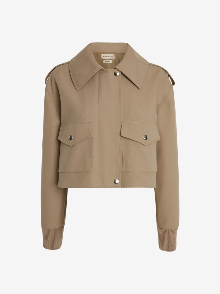 Fashion Alexander McQueen Stone Women's Cotton Panama Cropped Aviator Jacket