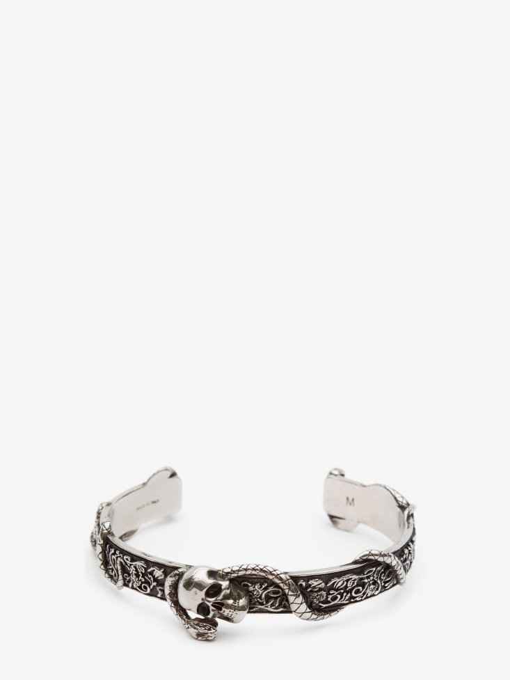 Fashion Alexander McQueen Men's Skull And Snake Bracelet Antique Silver