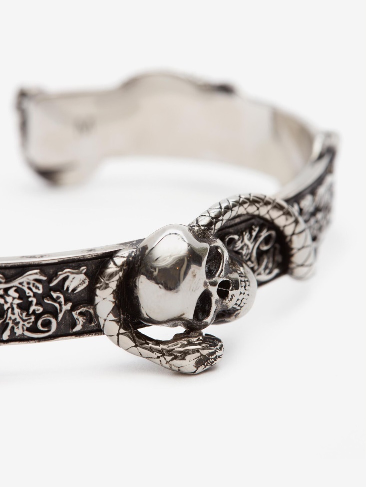 Fashion Alexander McQueen Men's Skull And Snake Bracelet Antique Silver