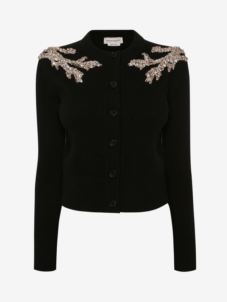 Black/Crystal Fashion Alexander McQueen Women's Mycelium Embroidery Cardigan