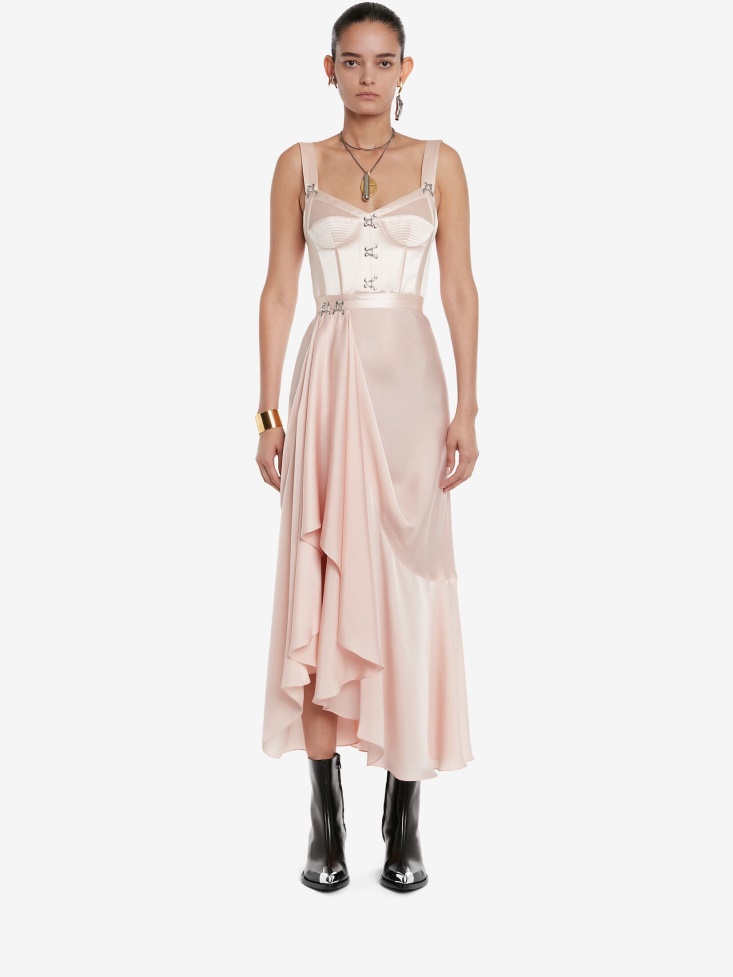 Fashion Alexander McQueen Women's Satin Asymmetric Drape Corset Dress Tea Rose