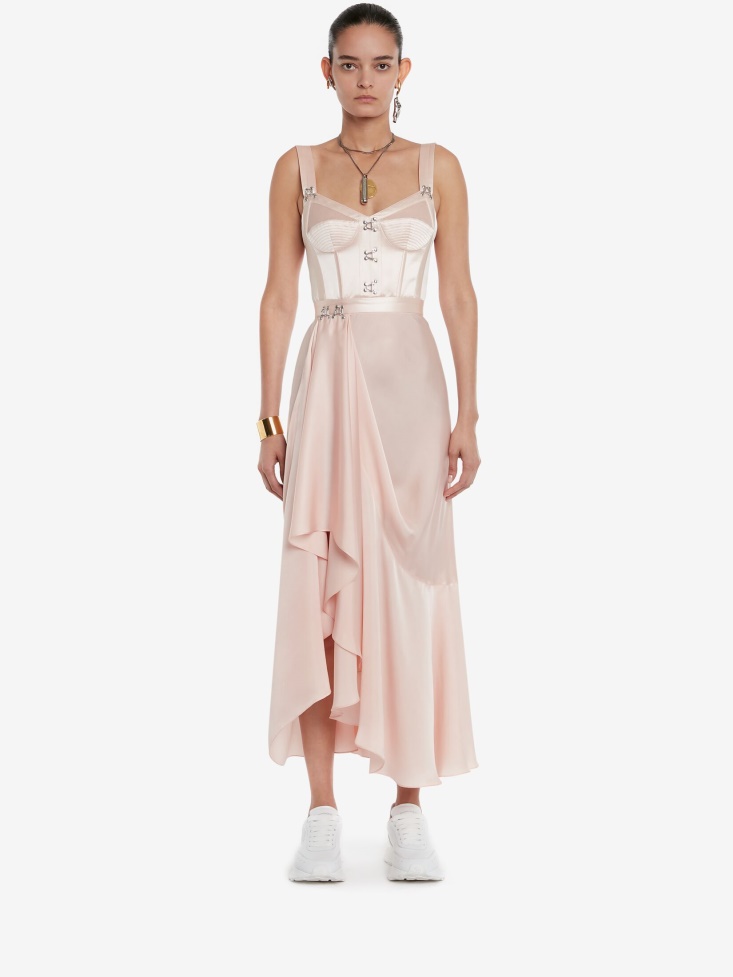 Fashion Alexander McQueen Women's Satin Asymmetric Drape Corset Dress Tea Rose