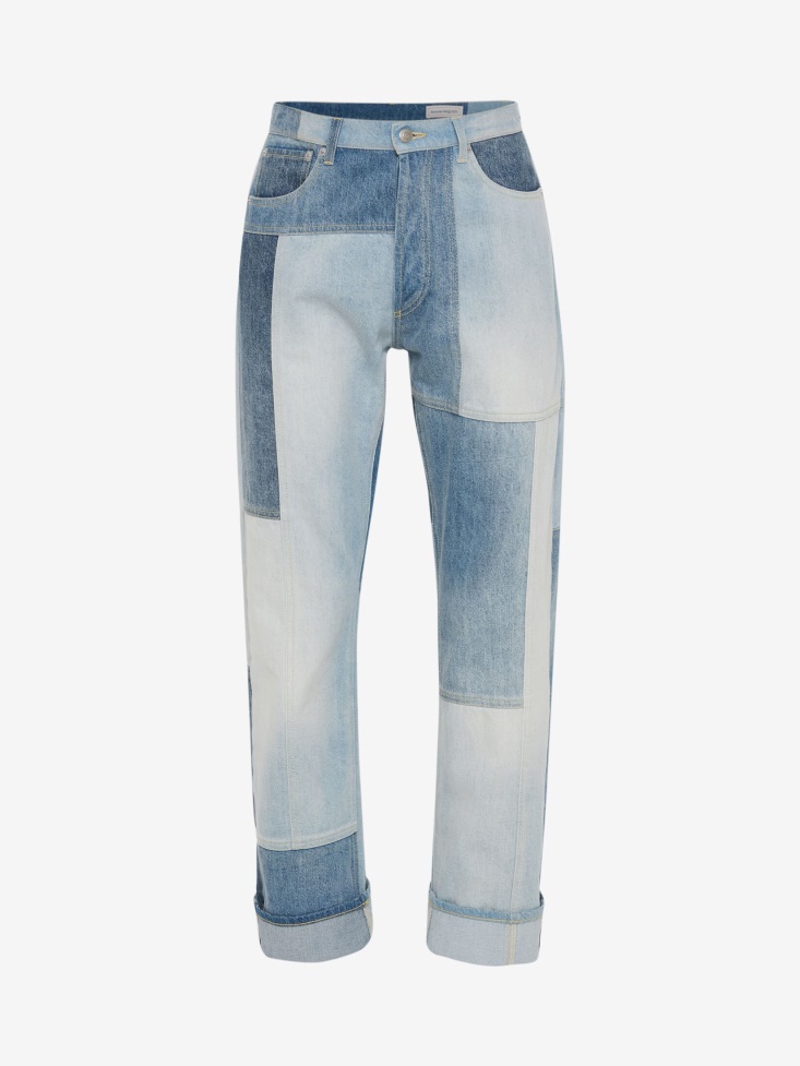Men's Patchwork Wide-Leg Jeans Fashion Alexander McQueen Washed Blue