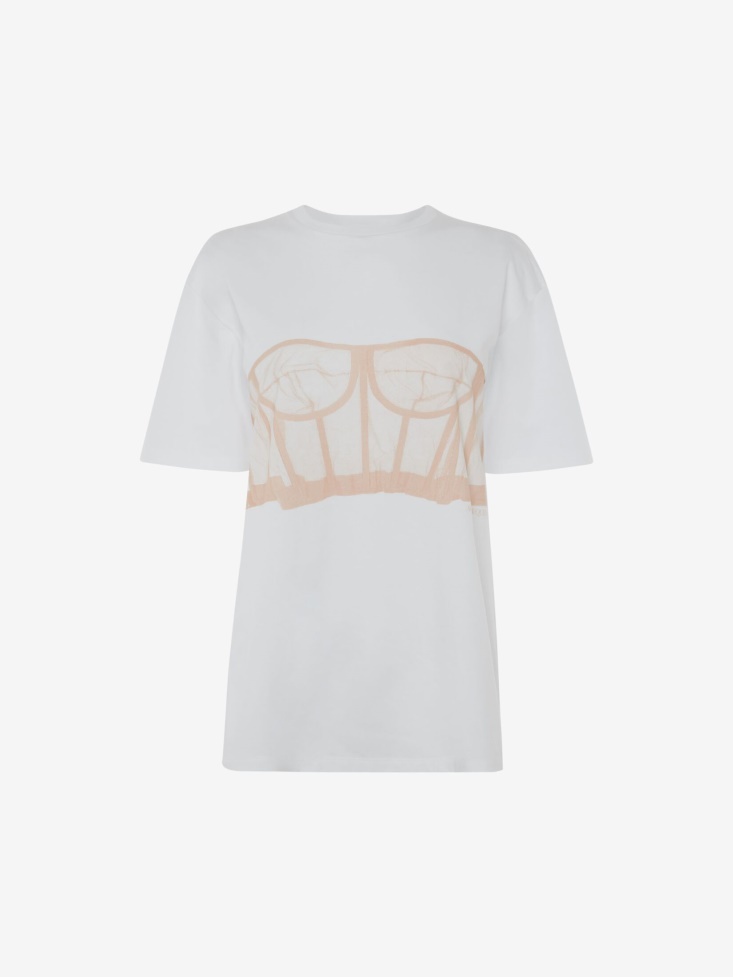 White/Pink Women's Bustier Print T-Shirt Fashion Alexander McQueen