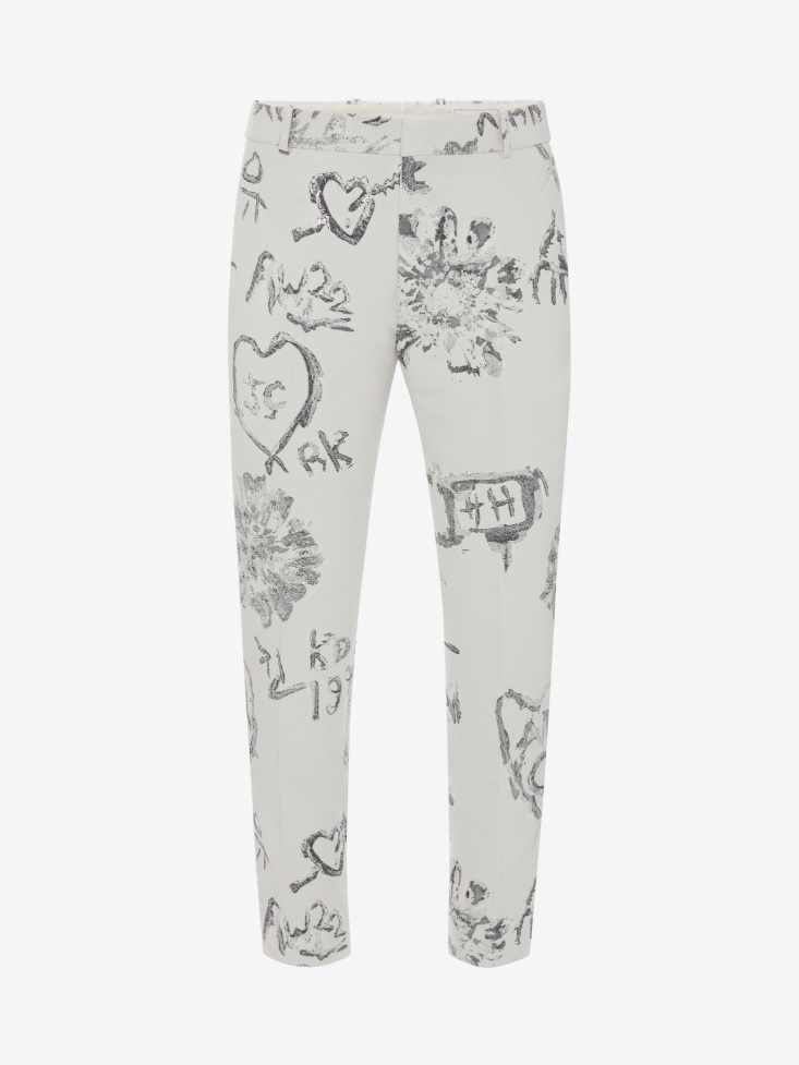 Men's Tree Graffiti Jacquard Cigarette Trousers Ivory/Black Fashion Alexander McQueen