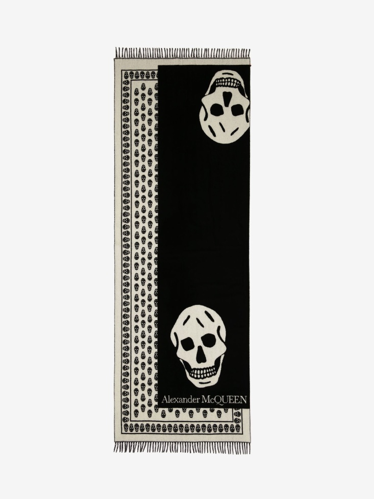 Black/Ivory Women's Oversize Skull On Skull Scarf Fashion Alexander McQueen