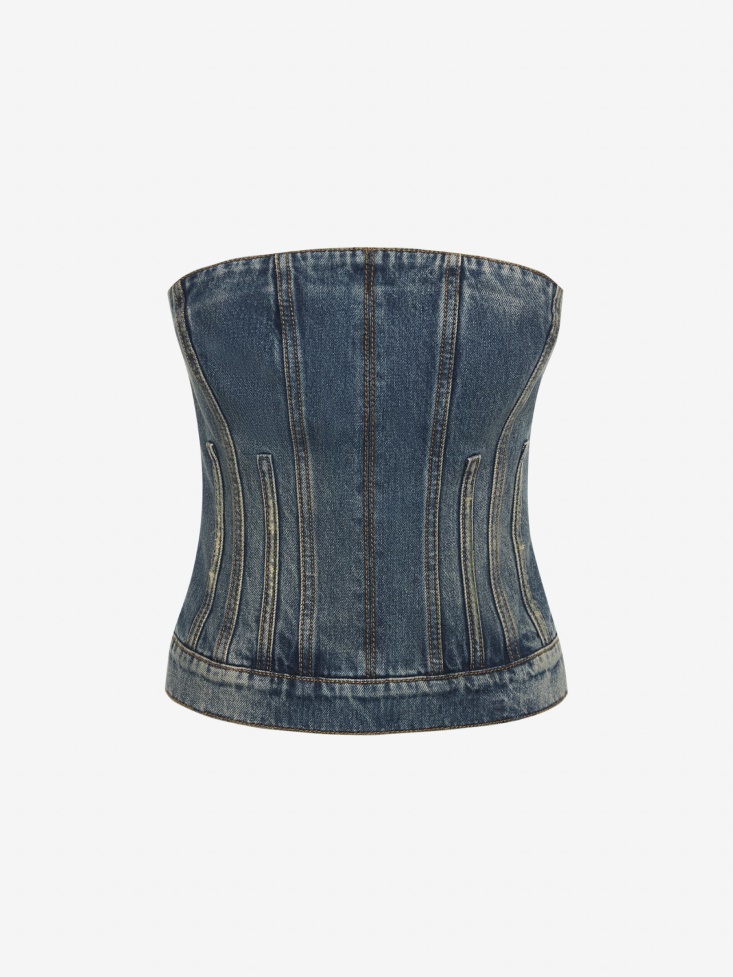 Fashion Alexander McQueen Washed Blue Women's Bustier Denim Top