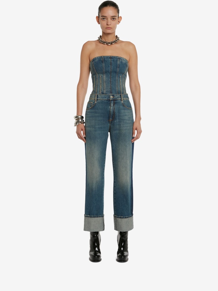 Fashion Alexander McQueen Washed Blue Women's Bustier Denim Top