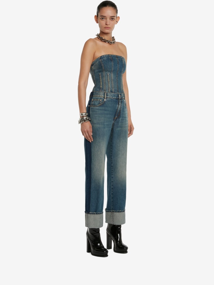 Fashion Alexander McQueen Washed Blue Women's Bustier Denim Top