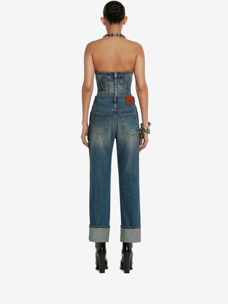 Fashion Alexander McQueen Washed Blue Women's Bustier Denim Top