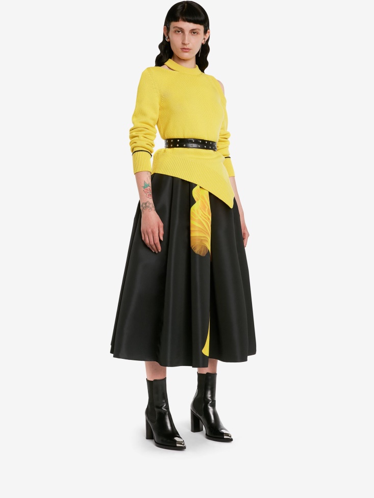 Black/Yellow Women's Mushroom Pleated Midi Skirt Fashion Alexander McQueen