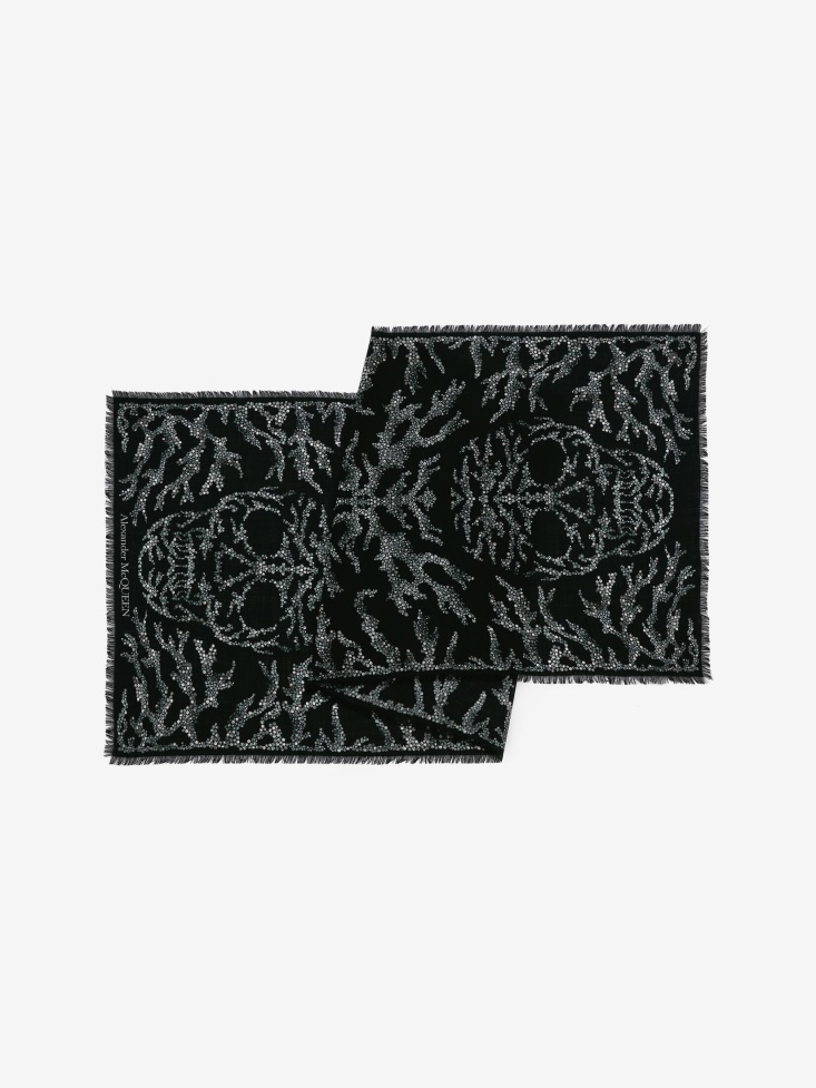 Black/Medium Grey Fashion Alexander McQueen Women's Crystal Spine Skull Stole