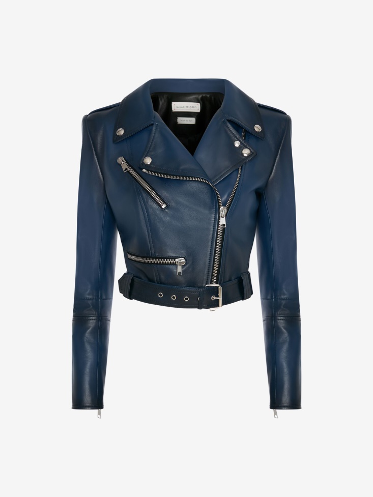 Fashion Alexander McQueen Women's Leather Biker Jacket Midnight Blue