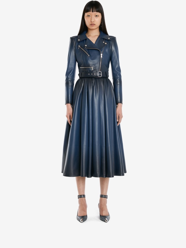 Fashion Alexander McQueen Women's Leather Biker Jacket Midnight Blue