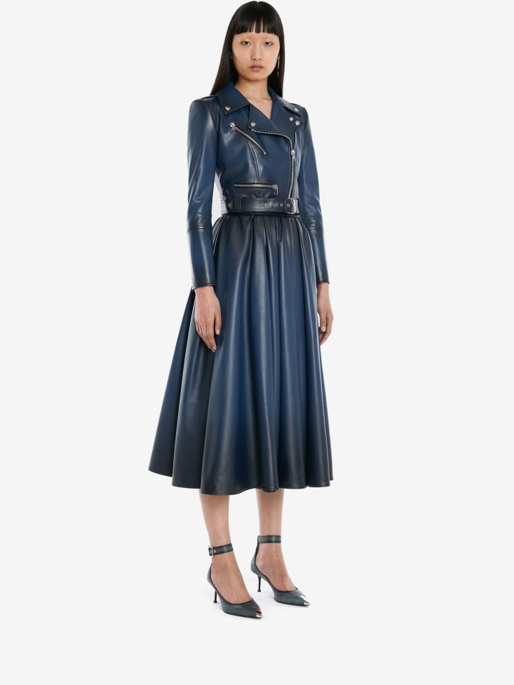 Fashion Alexander McQueen Women's Leather Biker Jacket Midnight Blue