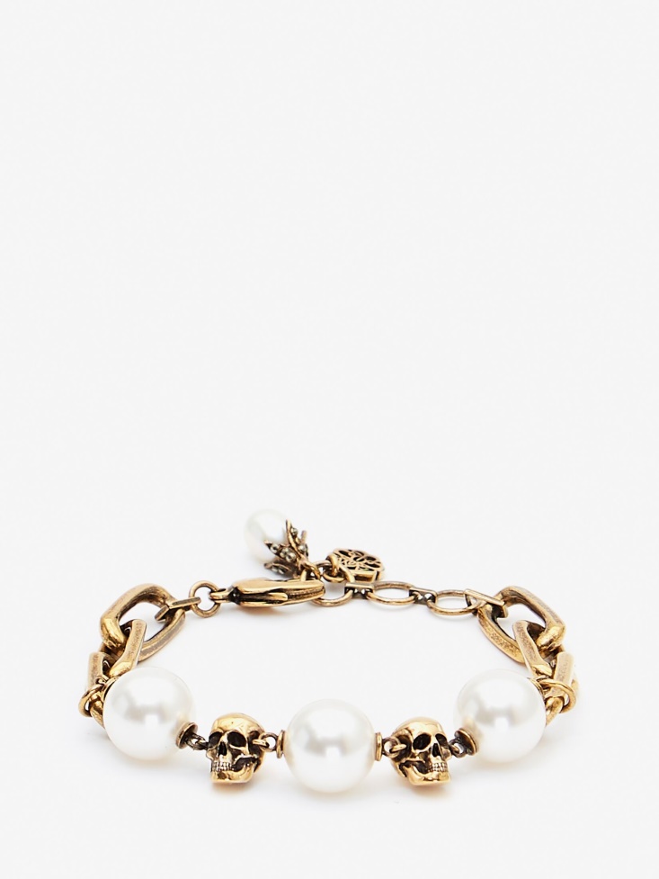 Fashion Alexander McQueen Women's Pearl-Like Skull Chain Bracelet Antique Gold