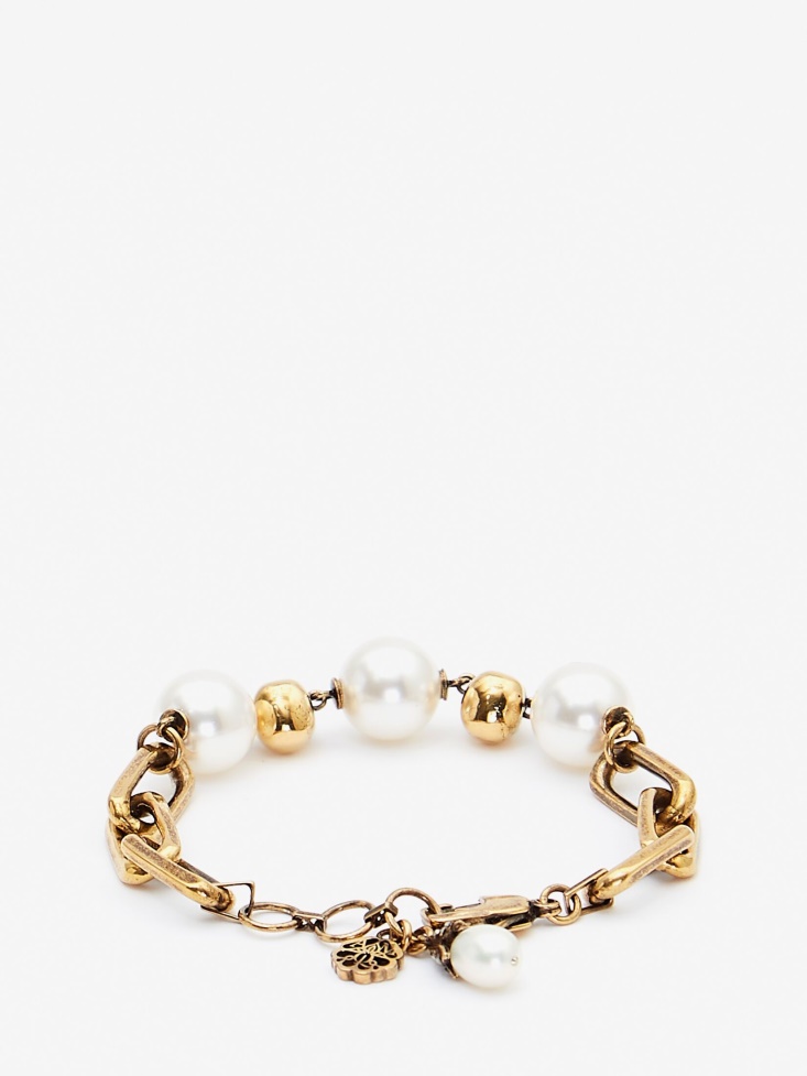 Fashion Alexander McQueen Women's Pearl-Like Skull Chain Bracelet Antique Gold