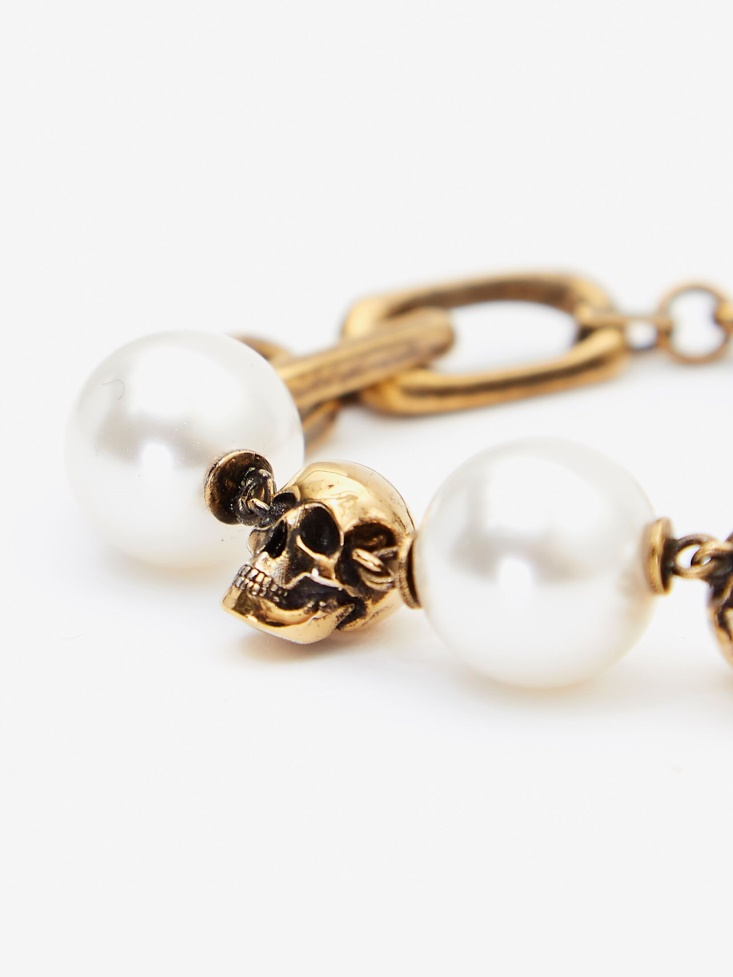 Fashion Alexander McQueen Women's Pearl-Like Skull Chain Bracelet Antique Gold