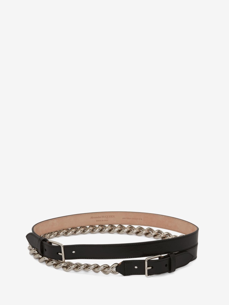 Fashion Alexander McQueen Black Women's Double Belt With Chain