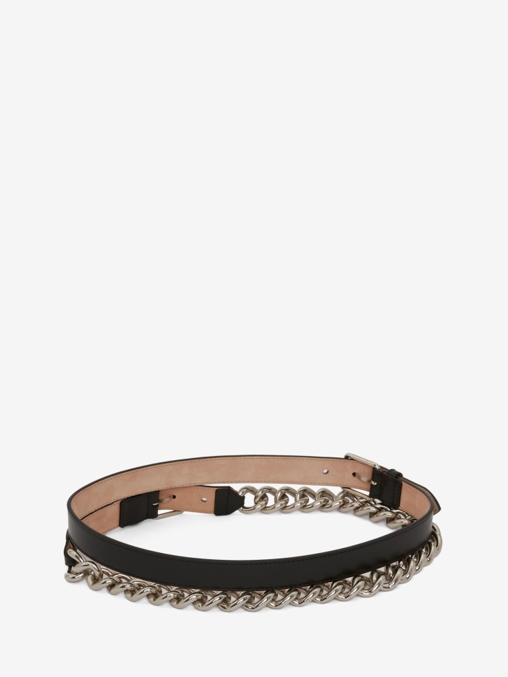 Fashion Alexander McQueen Black Women's Double Belt With Chain