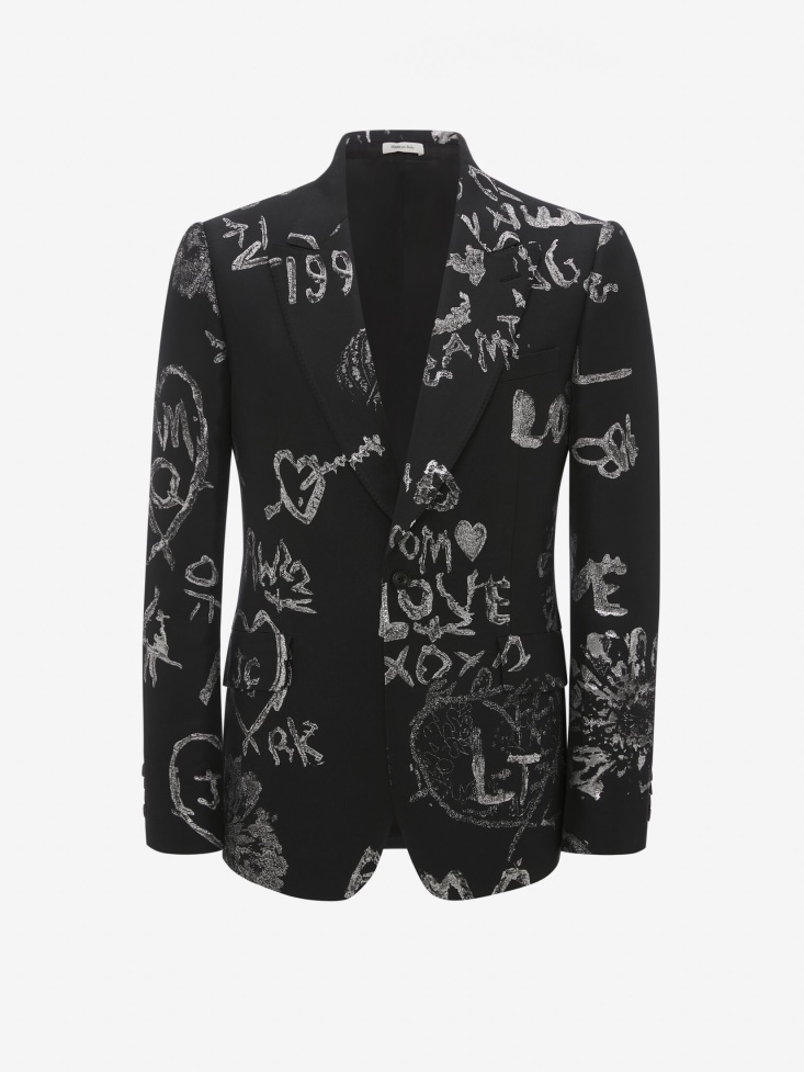 Men's Tree Graffiti Jacquard Single-Breasted Jacket Black/Ivory Fashion Alexander McQueen
