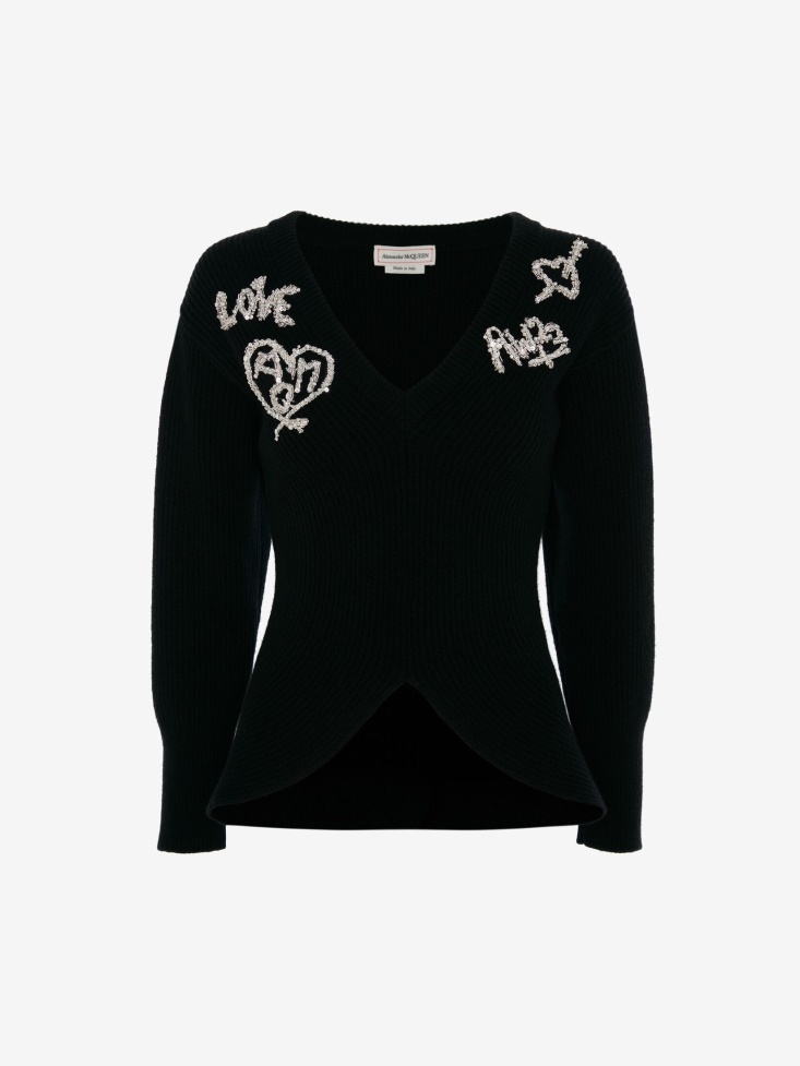 Black/Crystal Women's Wool Tree Graffiti Jumper Fashion Alexander McQueen